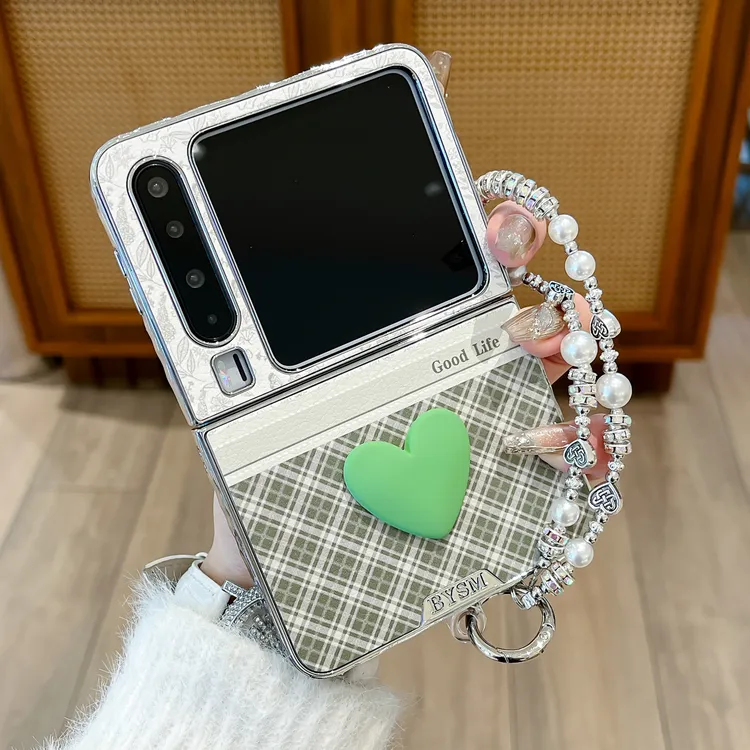 适用华为purax手机壳电镀秋冬格子碎花爱心pocket2折叠女款保护套