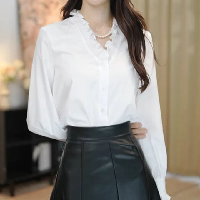白色木耳边V领长袖衬衫秋季秋季胖MM大码女装轻奢减龄洋气上衣潮