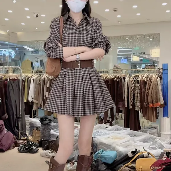 S0189新款长袖秋季POLO领"布朗尼"衬衫裙显瘦打底裙修身连衣裙