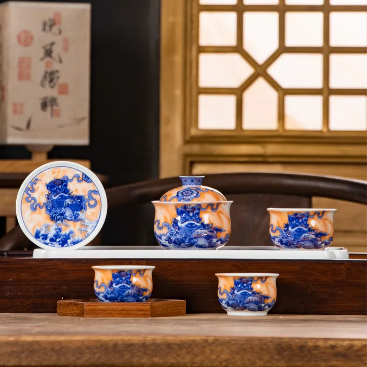 景德镇揽源堂钒红青花醒狮茶具套组 描金 中式 高档 中国风