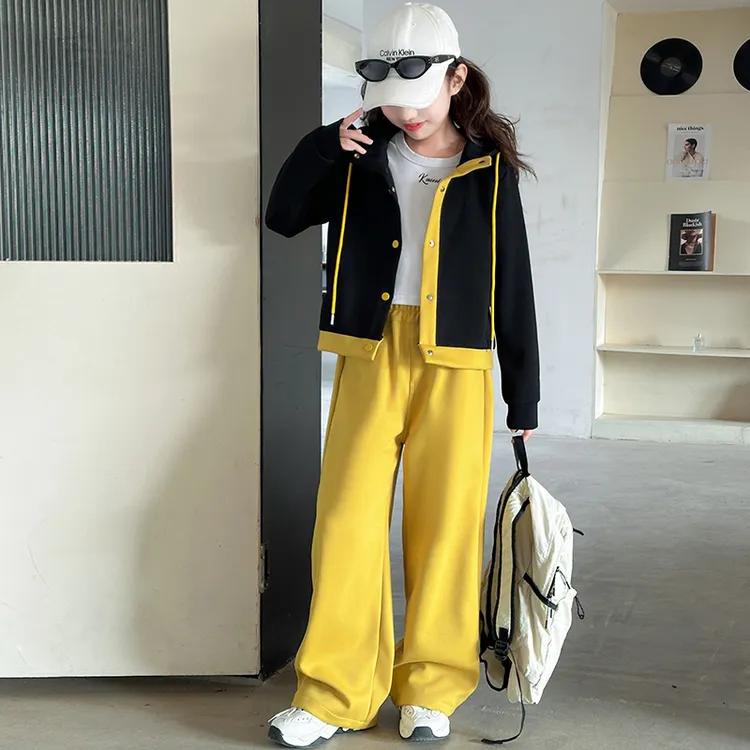 女童春装拼色外套2025新款女孩休闲网红中大童运动春秋阔腿裤套装