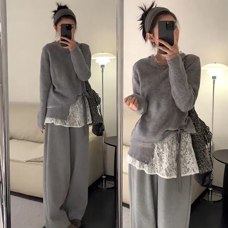韩系灰色毛衣裤子两件套装女秋冬季2026新款巨好看超火冬装一整套
