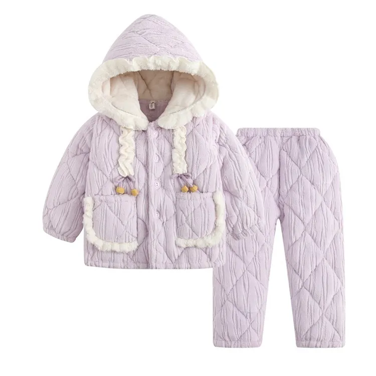 万达正品暖居家服套装宝宝连帽加绒加厚女童三层儿童加厚睡衣套装