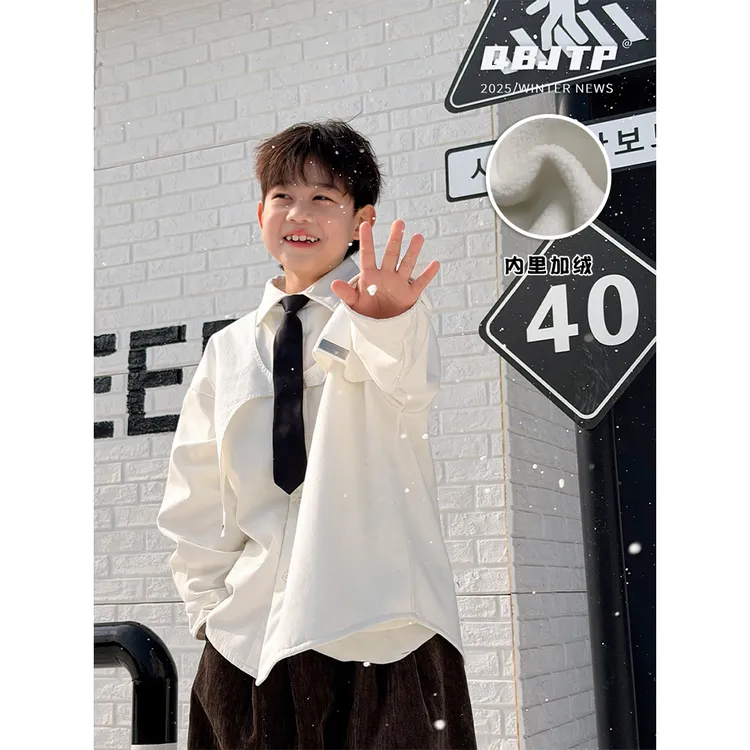 Q宝家童品12月新款 男童长袖衬衫儿童冬款加绒韩系时尚衬衣上衣潮