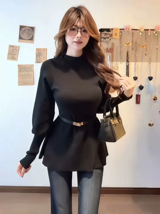 大码胖mm秋冬新款得体风黑色半高领灯笼袖针织衫女装收腰显瘦上衣