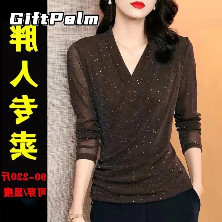 GiftPalm大码女装胖mm秋季款纯色交叉v领气质显瘦长袖T恤百搭上衣