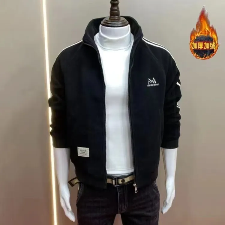 冬季新款加绒夹克刺绣加厚百搭修身立领时尚帅气男士潮流外套休闲