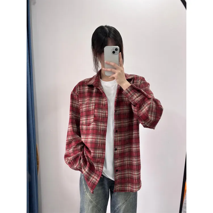 酒红色磨毛格子长袖衬衫男女秋冬季新款翻领衬衣cleanfit格纹外套