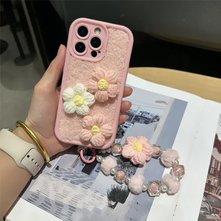 秋冬毛绒花朵手机壳适用苹果17Promax华为全包oppo小米vivo小清新