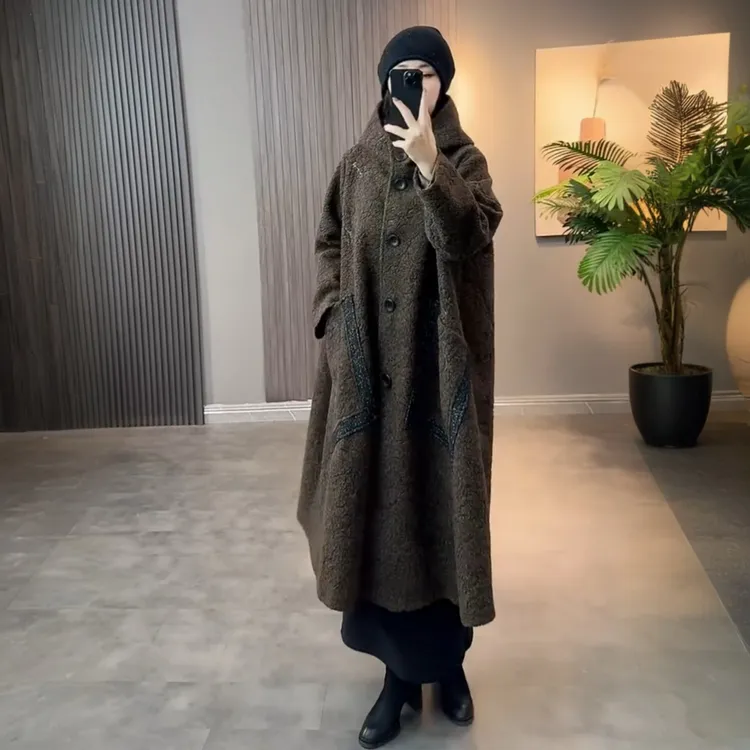 欧货秋冬妈妈装气质毛呢风衣外套200斤宽松大码长款连帽加厚大衣