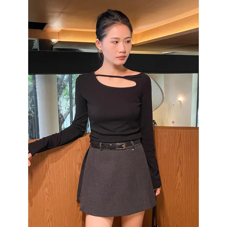 镂空黑色打底衫女2025年新款秋季高级感长袖t恤内搭上衣外穿显瘦