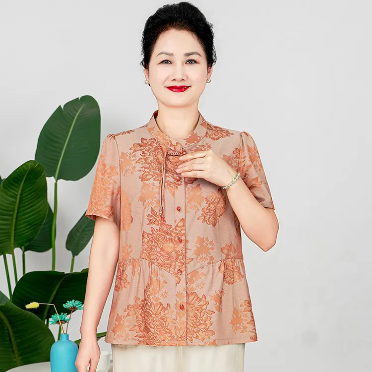 雅鹿妈妈装新款衬衫时尚上衣小衫中老年夏季中式洋气女装B25831B