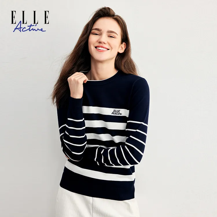ELLE Active2025秋冬新款休闲条纹圆领毛针织衫套头毛衣时尚上衣