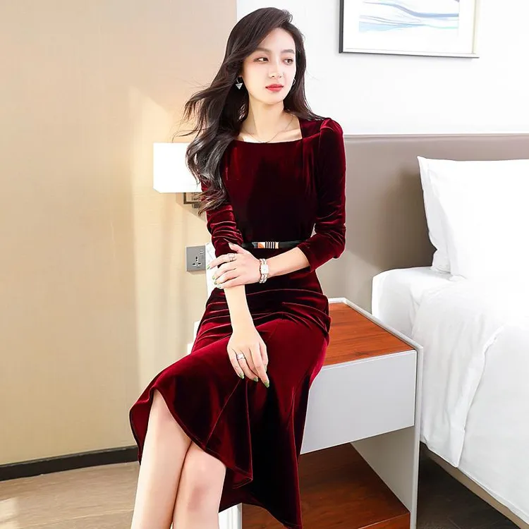 ZPPSN酒红色丝绒连衣裙女气质宴会礼服高端妈妈喜婆婆婚宴装早秋