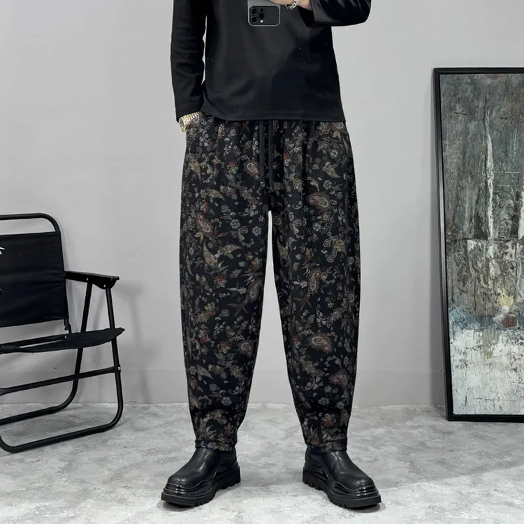 时尚提花休闲裤男中老年宽松大码哈伦小脚民族风腰果花老爹裤秋冬