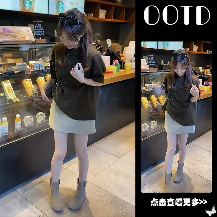 早秋穿搭一整套女2025新款韩版黑色宽松短袖T恤百搭短裙两件套