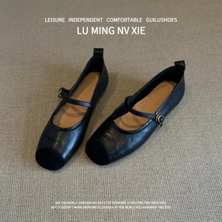 羊皮版~2025新款法式复古风方头一字带玛丽珍鞋女外穿百搭平底鞋