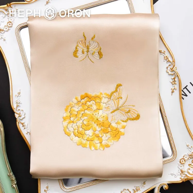 HEPHSORON苏绣丝巾礼盒送妈妈黄色刺绣百搭高级感桑蚕丝真丝围巾