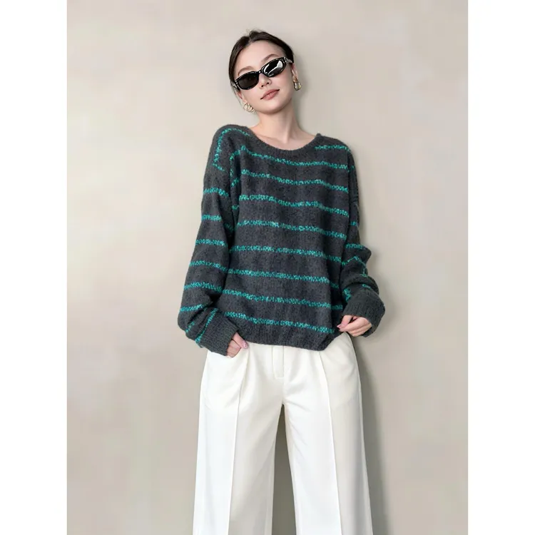 SS2757软糯深灰色条纹毛衣女2025圆领拼色宽松慵懒风针织衫上衣