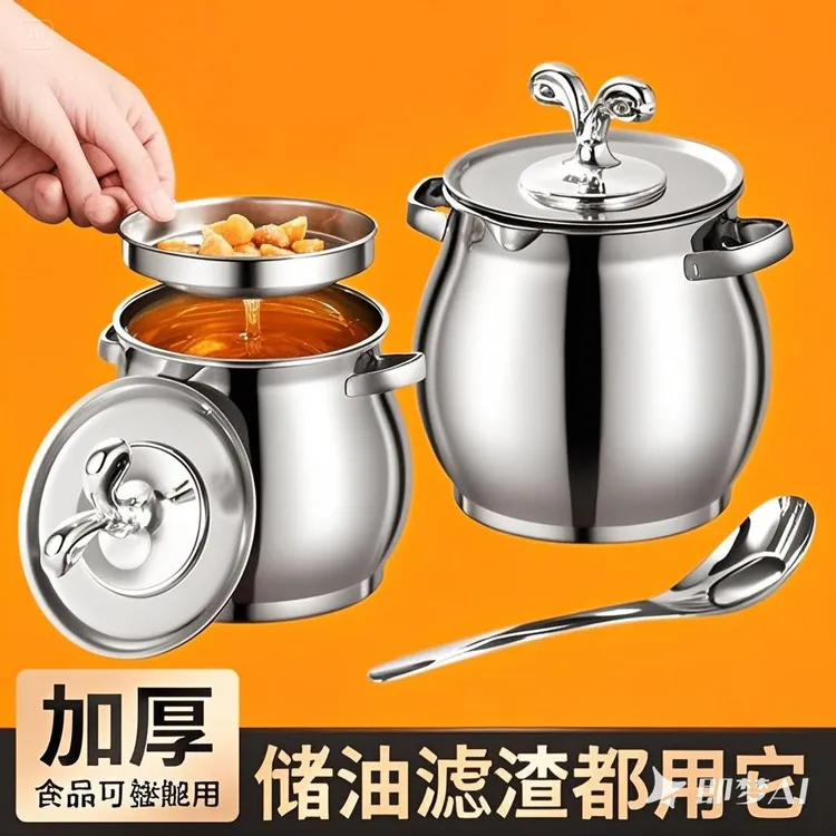 食品级不锈钢带滤网猪油罐双耳猪油锅带盖家用耐高温大容量猪油桶