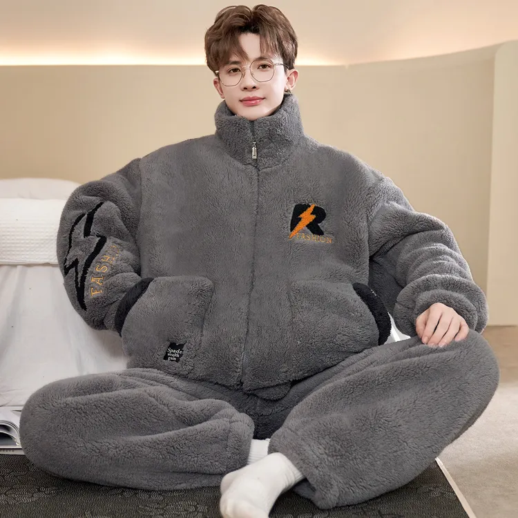 睡衣男士秋冬款冬季开衫珊瑚绒加绒加厚保暖法兰绒家居服两件套装
