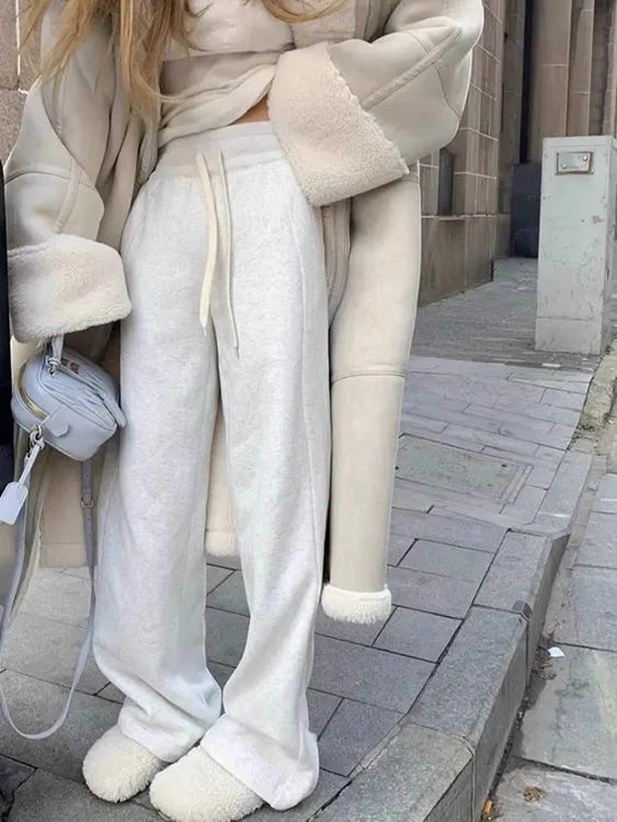 雪花灰瑜伽阔腿裤女梨型身材秋冬加绒保暖高腰抽绳运动休闲直筒裤