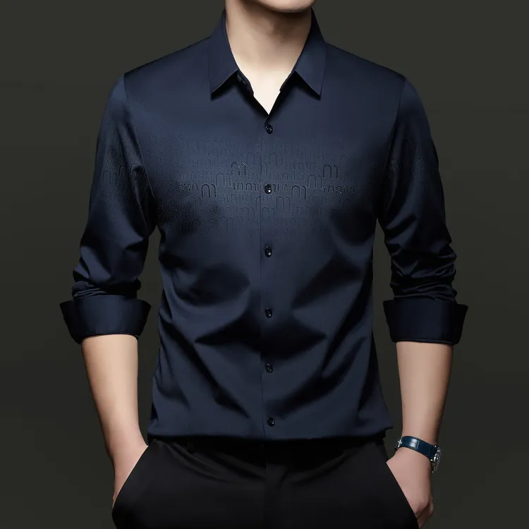 男士时尚休闲长袖衬衫 高档免烫抗皱印花薄款轻奢衬衣 宽松男装