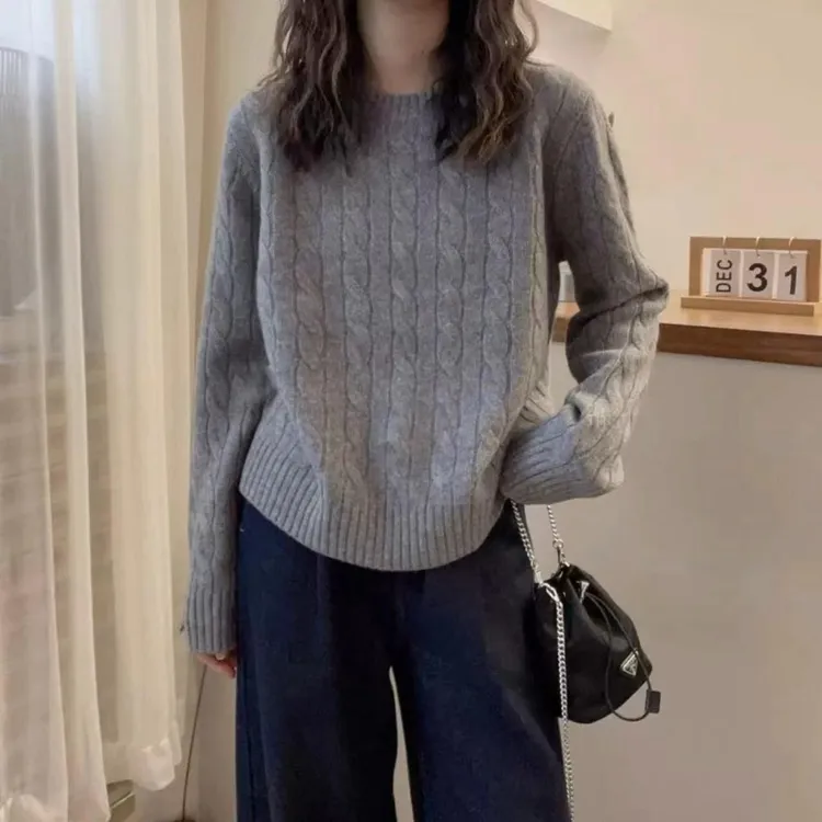 100%纯羊毛衫套头内搭针织绞花羊毛衫圆领宽松加厚软糯毛衣78