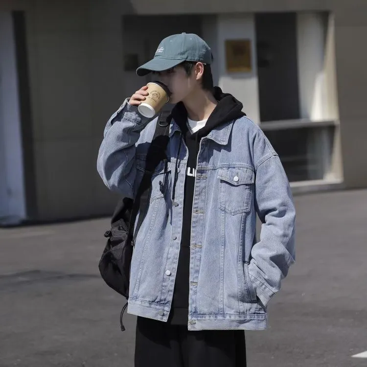  男装初秋美式街头牛仔外套男潮牌痞帅春秋季宽松复古高街工装休