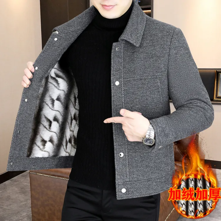 男士翻领毛呢外套夹克秋冬季加绒加厚短款韩版修身呢子大衣高级感