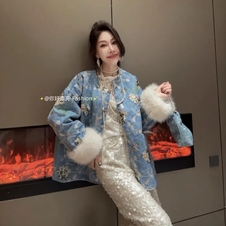 【晴儿家】冬季国风重工时尚复古百搭刺绣钉珠毛毛袖棉服外套25878