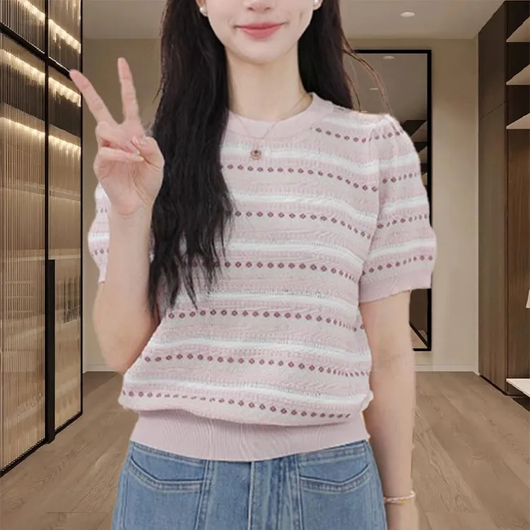 2025春秋韩式新款设计感条纹圆领短袖针织衫女休闲百搭高级感上衣