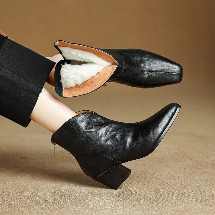 羊皮5.5cm～手工复古短靴粗跟冬季加绒保暖羊羔毛厚毛雪地靴英伦风