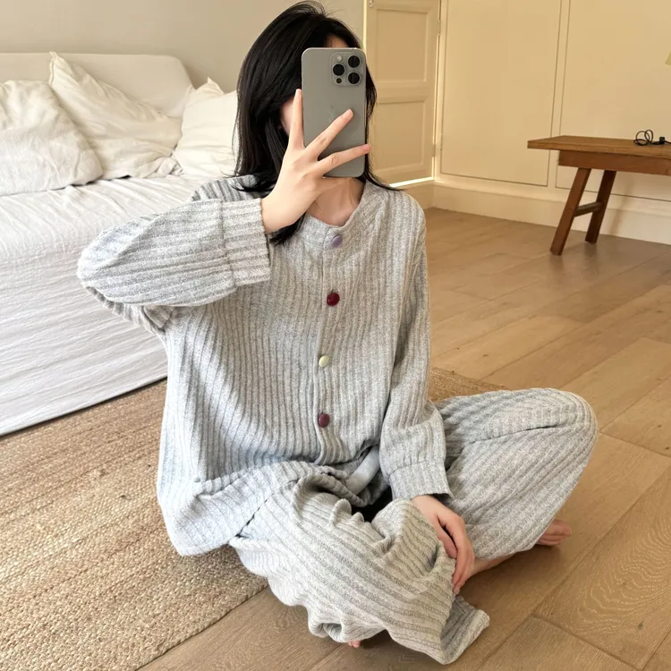 德绒睡衣女春秋季长袖长裤简约厚款羊绒保暖开衫秋冬款家居服套装