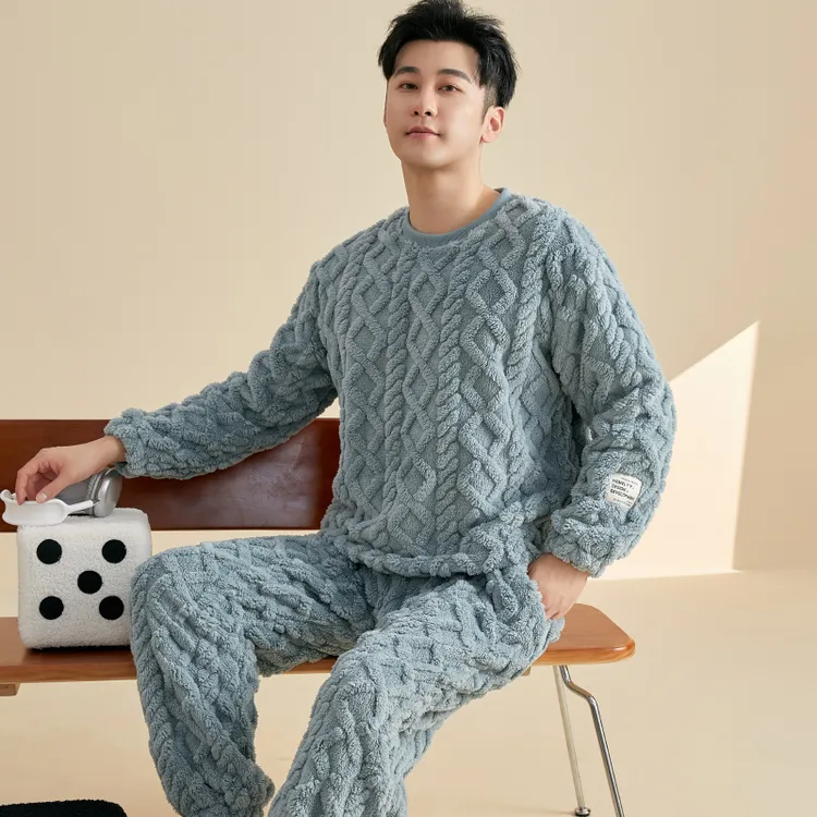 男士保暖加厚休闲套装加绒毛绒家居服男士冬季睡衣居家男秋冬款