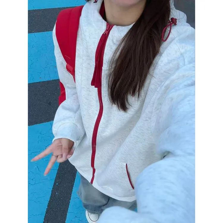 秋季撞色立领拉链开衫卫衣男女同款宽松情侣休闲简约百搭连帽外套