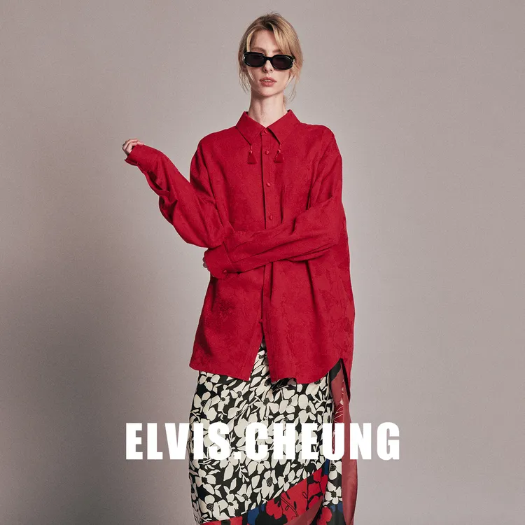 ELVIS.CHEUNG26SS“花生万运 ”系列-中国红牡丹纹提花流苏装饰衬衫