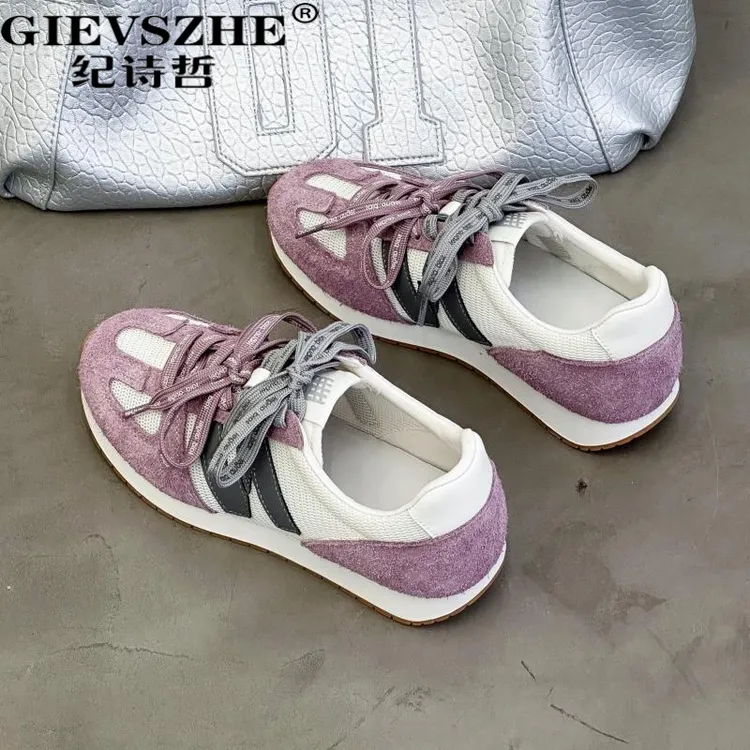 纪诗哲网面阿甘德训鞋女2025秋季新款真皮透气百搭厚底休闲运动鞋