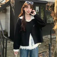 韩系连帽蕾丝坎肩背心秋季宽松黑色套头卫衣两件套TU29038