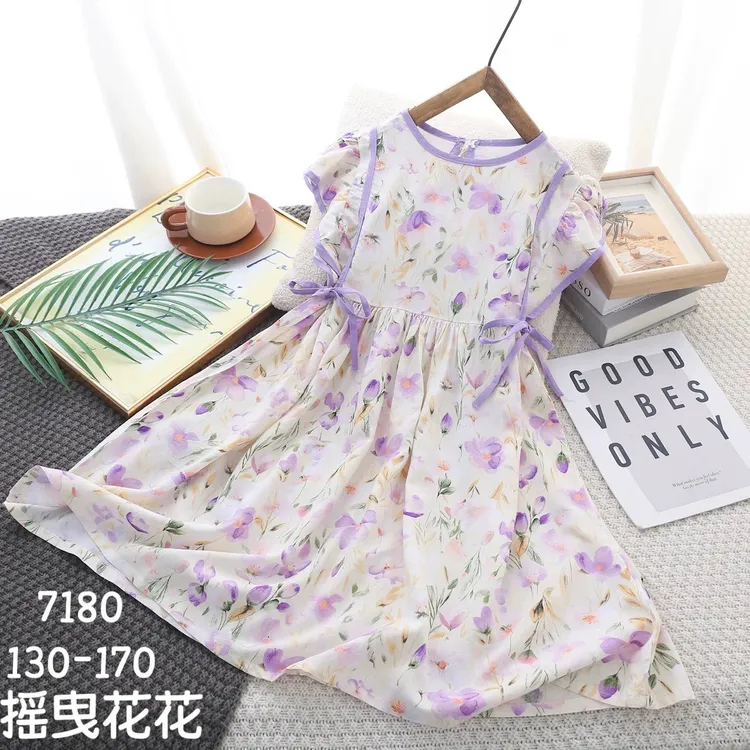 女童棉绸连衣裙夏季夏装薄款儿童女孩人棉花边袖宽松碎花裙子韩版