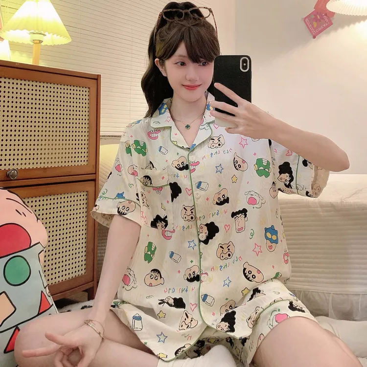 【套装】大码宽松睡衣女短袖短裤长裤套装夏季卡通格子可外穿家居服