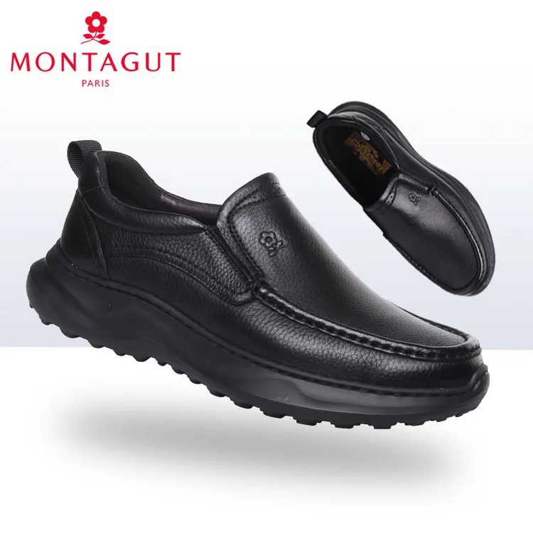 梦特娇男鞋秋冬新款商务休闲软面软底套脚轻质气垫缓震中年真皮鞋