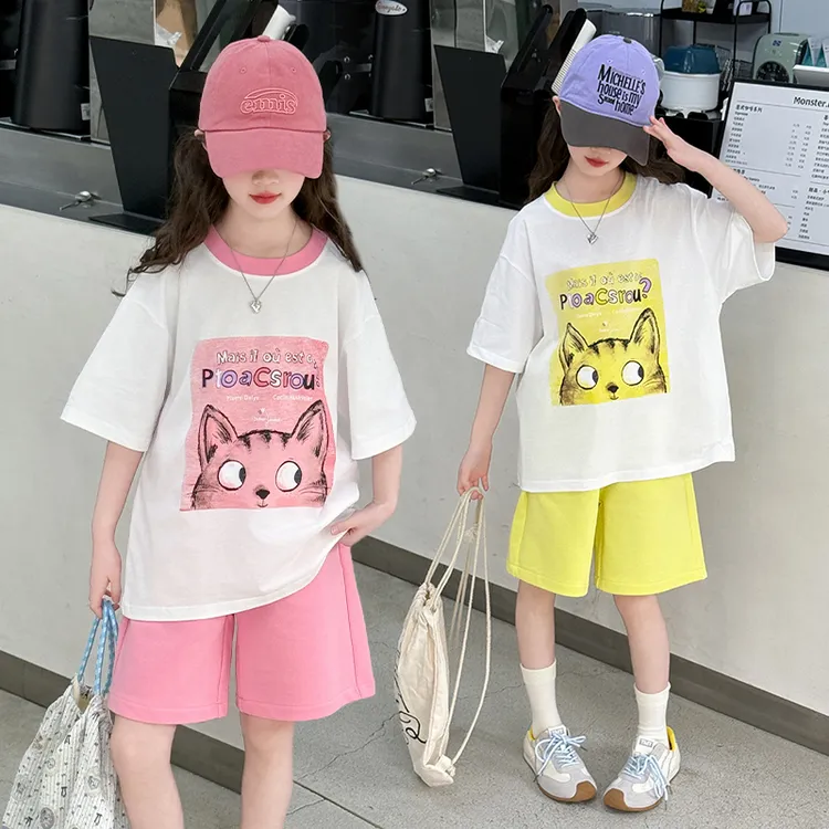 女童夏装卡通T恤套装2025新款6-12岁15中大童休闲运动短裤两件套 