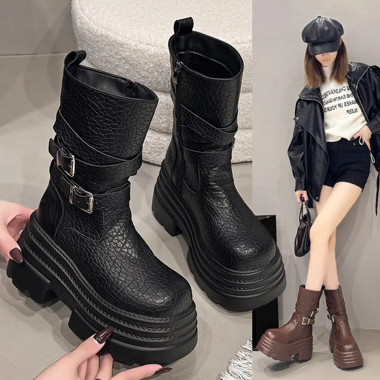 9cm厚底马丁靴女加绒中筒靴2025冬季新款小个子增高显瘦时装靴