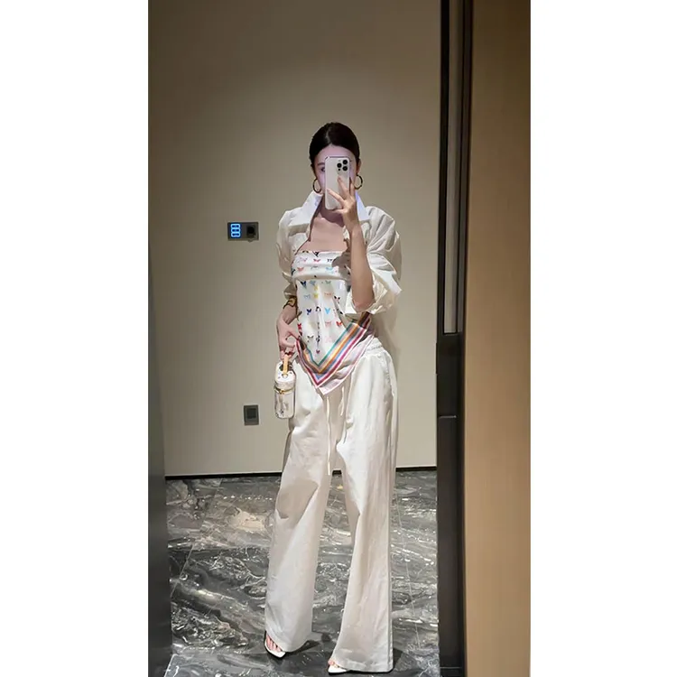 【美神降临】夏季新款韩系气质女神缎面印花抹胸显瘦衬衫配裤子套装