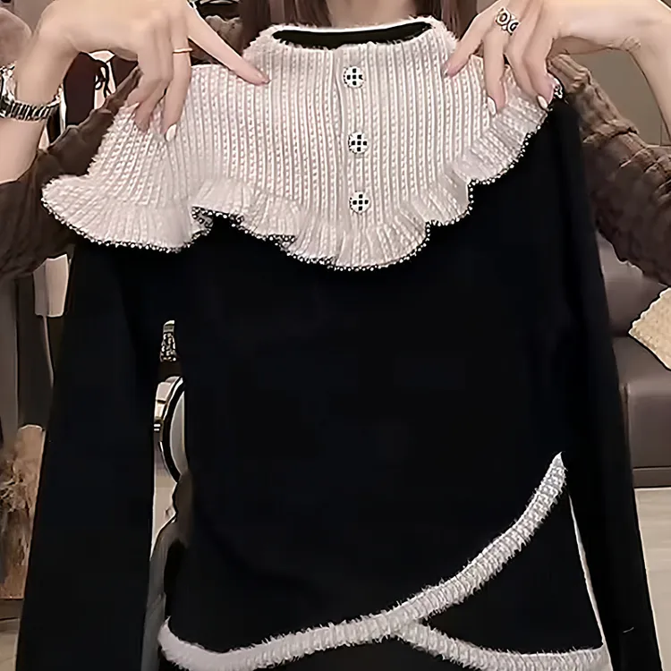 2025冬新款小香风荷叶边撞色钉珠半高领T恤内搭女士显瘦百搭上衣