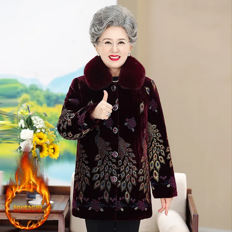 啄木鳥老年人秋冬装加绒加厚棉衣老人衣服老太太奶奶装丝绒大衣棉