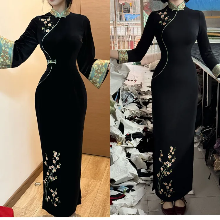 LHMknk1画报夫人原创自制中式弹力丝绒刺绣显瘦旗袍 翠玉梅花