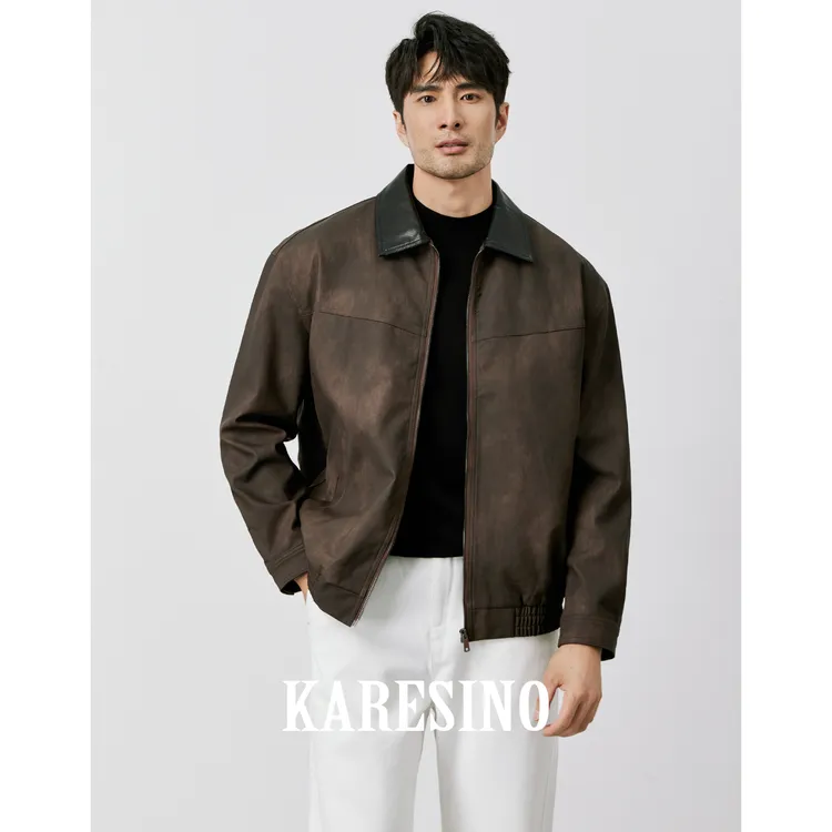 KARESINO美式休闲男士撞色短款皮衣男秋季美拉德复古机车夹克外套
