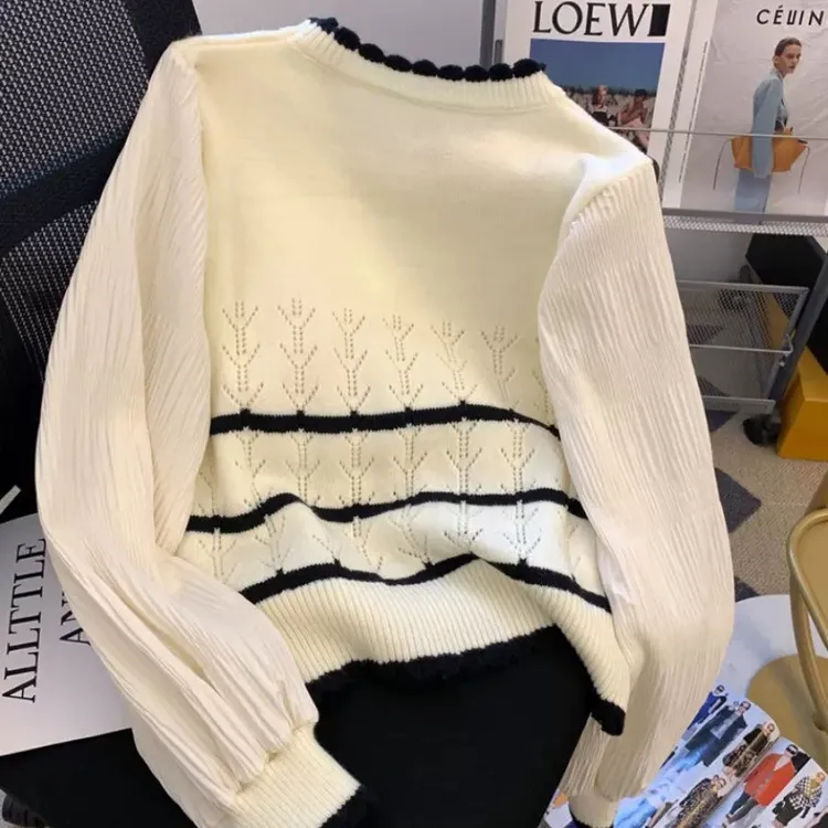 新款秋季撞色圆领泡泡袖拼接针织条纹韩版宽松设计感上衣